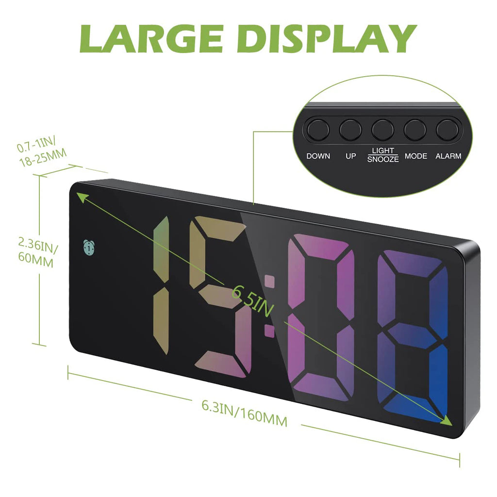 Digital alarm clock, color LED, electronic clock, USB/battery powered 3 adjustable brightness, 5 mode voice control reusable
