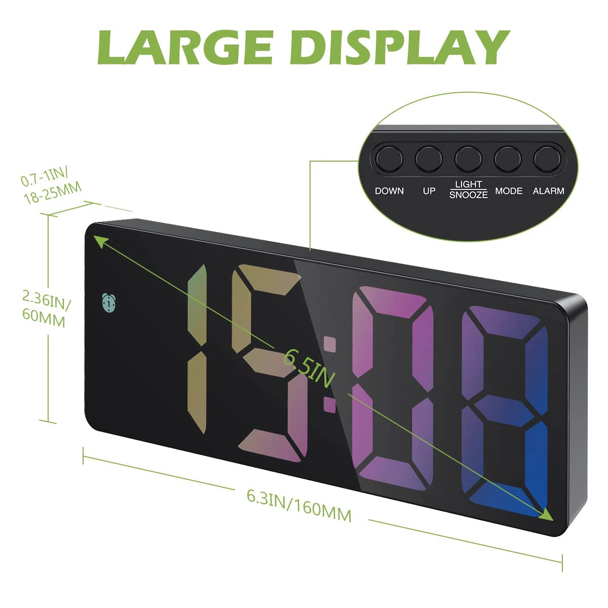 Digital alarm clock, color LED, electronic clock, USB/battery powered 3 adjustable brightness, 5 mode voice control reusable