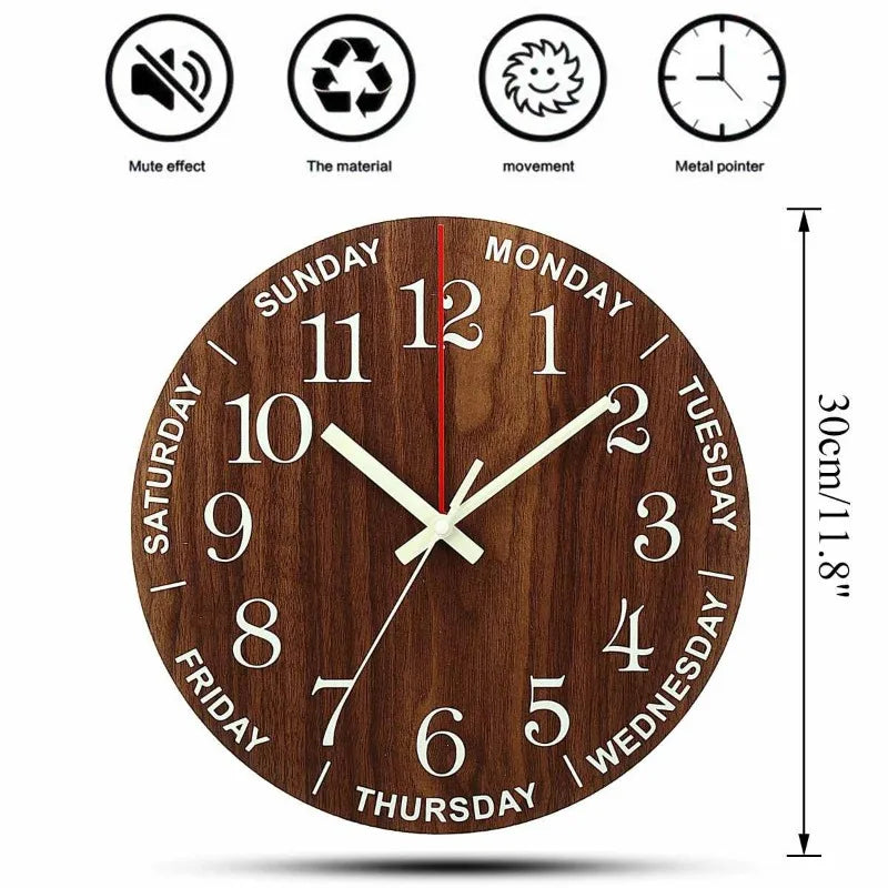 Luminous Wall Clock 12 Inch Wooden Silent Non-Ticking Kitchen Wall Clocks with Night Lights for Indoor/Outdoor Living Room