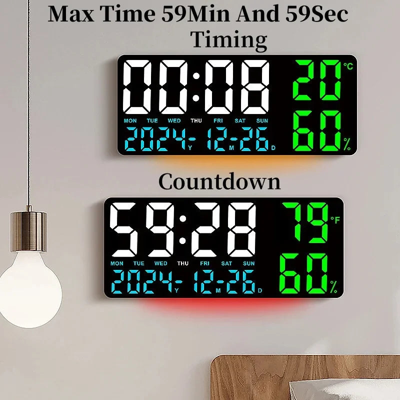 Large Digital Wall Clock with 7Colors Mood Light 2 Alarm TEMP Humidity Date Table Clock 12/24H Timing Countdown LED Alarm Clock