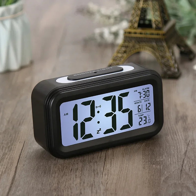 Alarm Clock Desktop Digital Clock LCD Large Screen Temperature Calendar Nightlight Wake-up Student Snooze Clock 12/24H Bedrooms