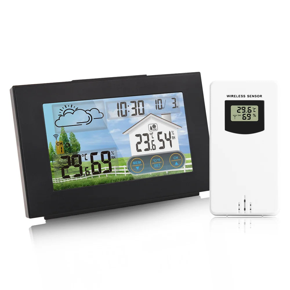 Multifunctional Wireless Weather Station Forecaster Indoor Outdoor Thermometer Hygrometer with Sensor Color Screen Alarm Clock