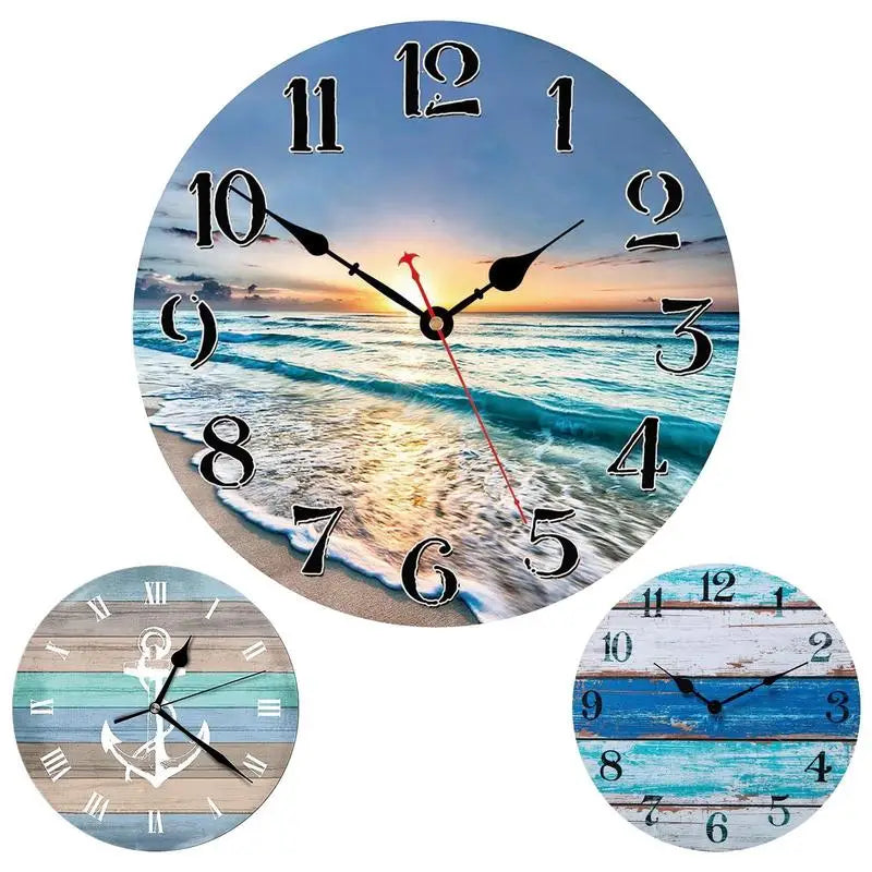 Stylish Wall Clock Easy to Read Non Ticking Vintage Rustic Coastal Clock Beach Themed Blue Wall Clocks for Home Decor accessory