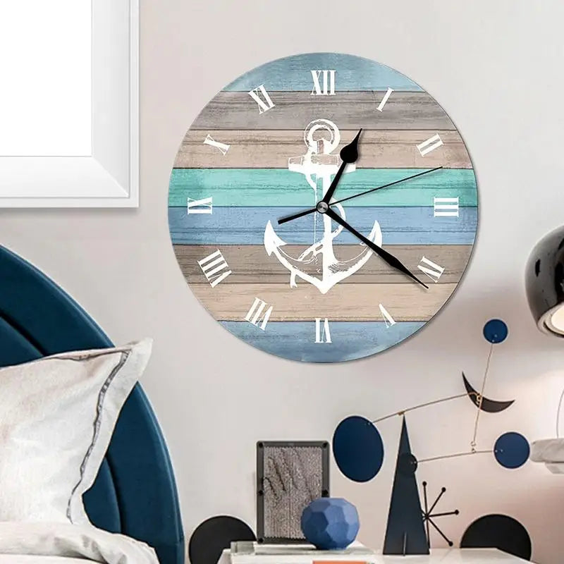 Stylish Wall Clock Easy to Read Non Ticking Vintage Rustic Coastal Clock Beach Themed Blue Wall Clocks for Home Decor accessory