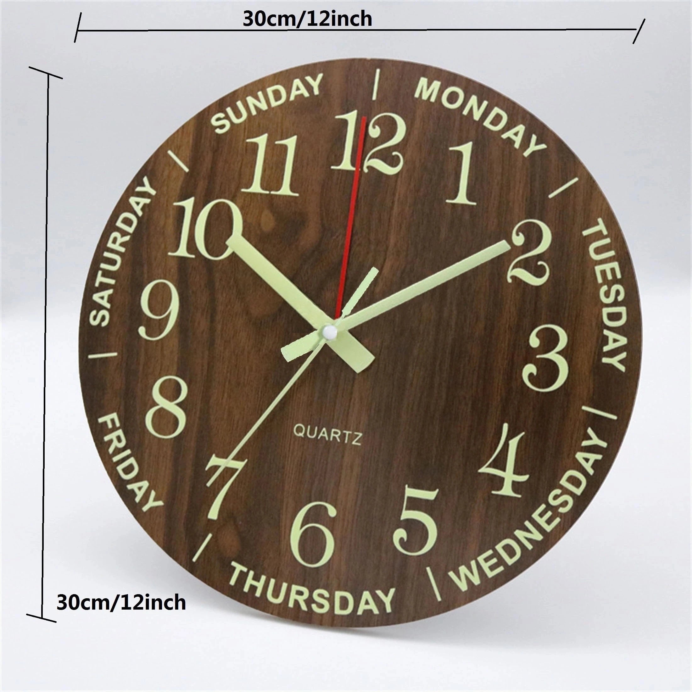 12 Inch Luminous Wall Clock Wood Silent Light in Dark Night Large Number Fashion Wall Clock Non Ticking Clock With Night Light