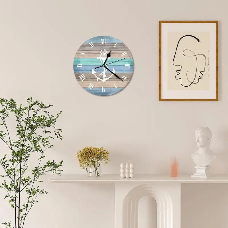 Stylish Wall Clock Easy to Read Non Ticking Vintage Rustic Coastal Clock Beach Themed Blue Wall Clocks for Home Decor accessory