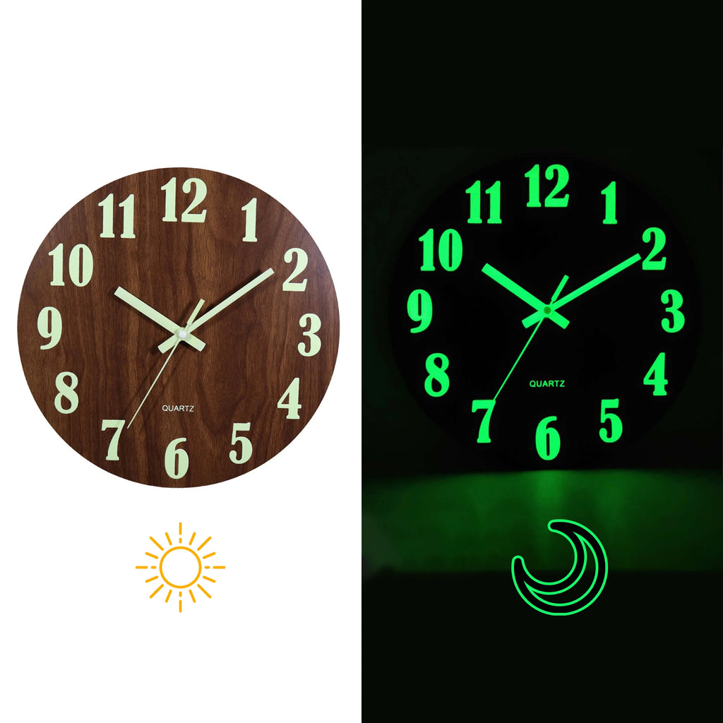 12 Inch Luminous Wall Clock Wood Silent Light in Dark Night Large Number Fashion Wall Clock Non Ticking Clock With Night Light