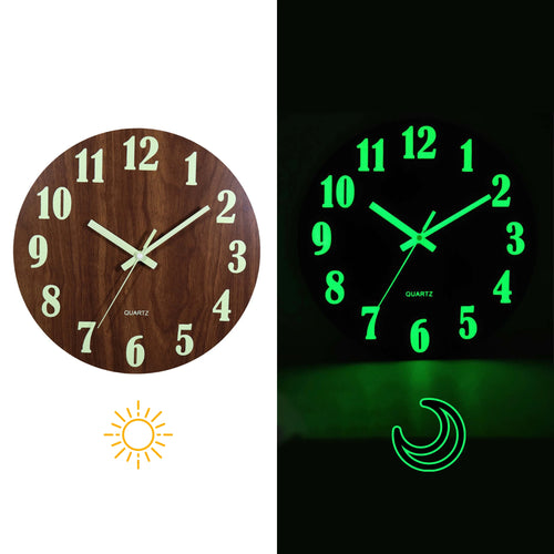 12 Inch Luminous Wall Clock Wood Silent Light in Dark Night Large Number Fashion Wall Clock Non Ticking Clock With Night Light