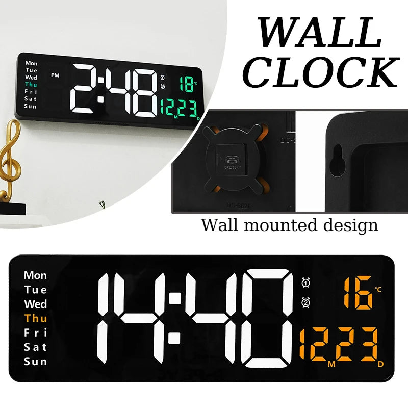 22.8CM Digital Wall Clock Large LED Alarm Clocks Date Week Temperature Dual Alarms Display Brightness Adjustment Home Decoration