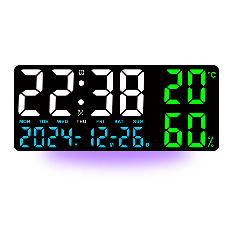 Large Digital Wall Clock with 7Colors Mood Light 2 Alarm TEMP Humidity Date Table Clock 12/24H Timing Countdown LED Alarm Clock