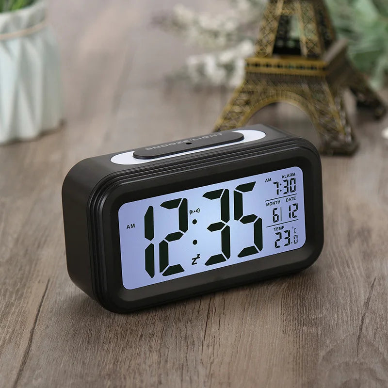 Alarm Clock Desktop Digital Clock LCD Large Screen Temperature Calendar Nightlight Wake-up Student Snooze Clock 12/24H Bedrooms
