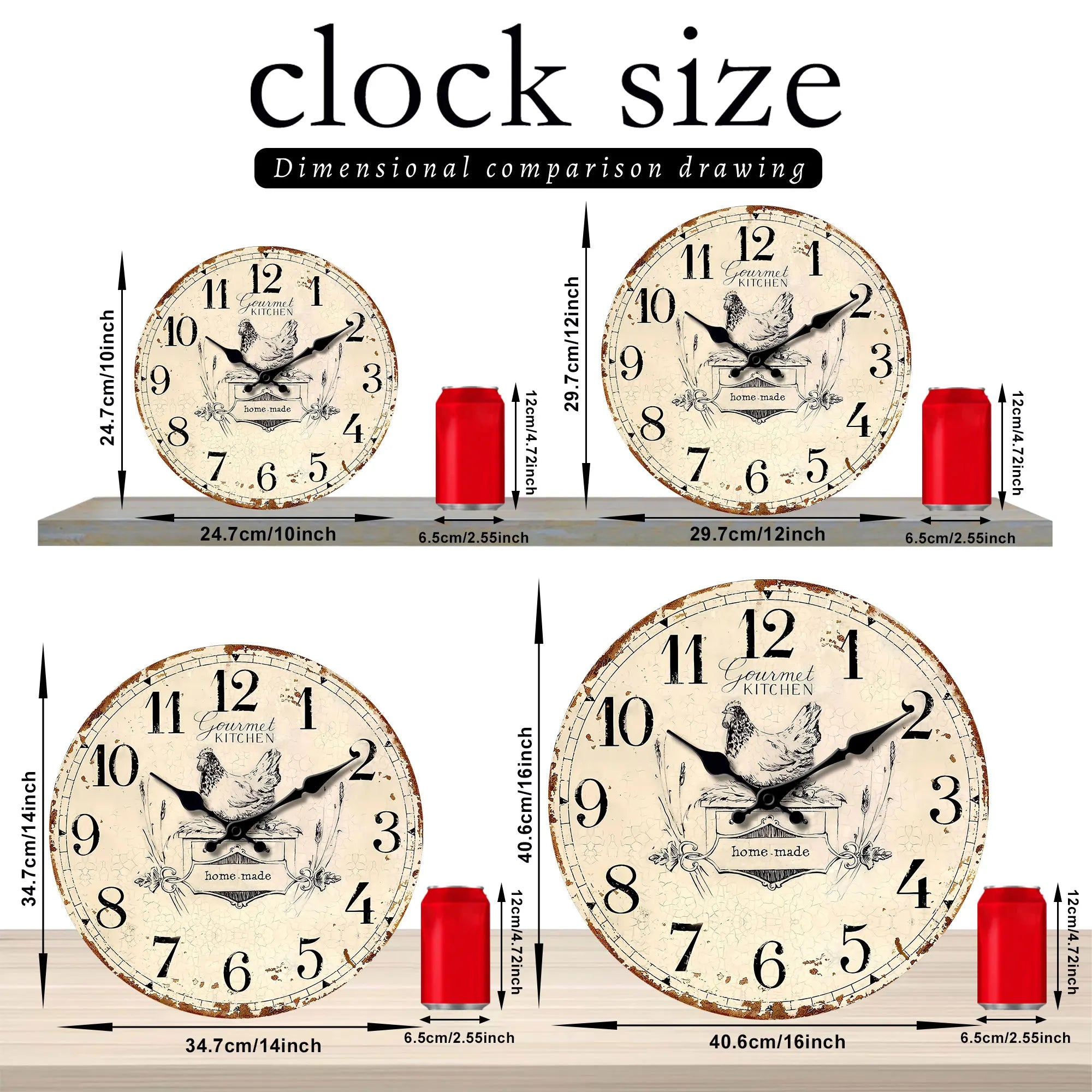 1pc round wooden wall clock, a vintage old hen design wall clock, home mute clock, for living room bedroom, room decoration, cla