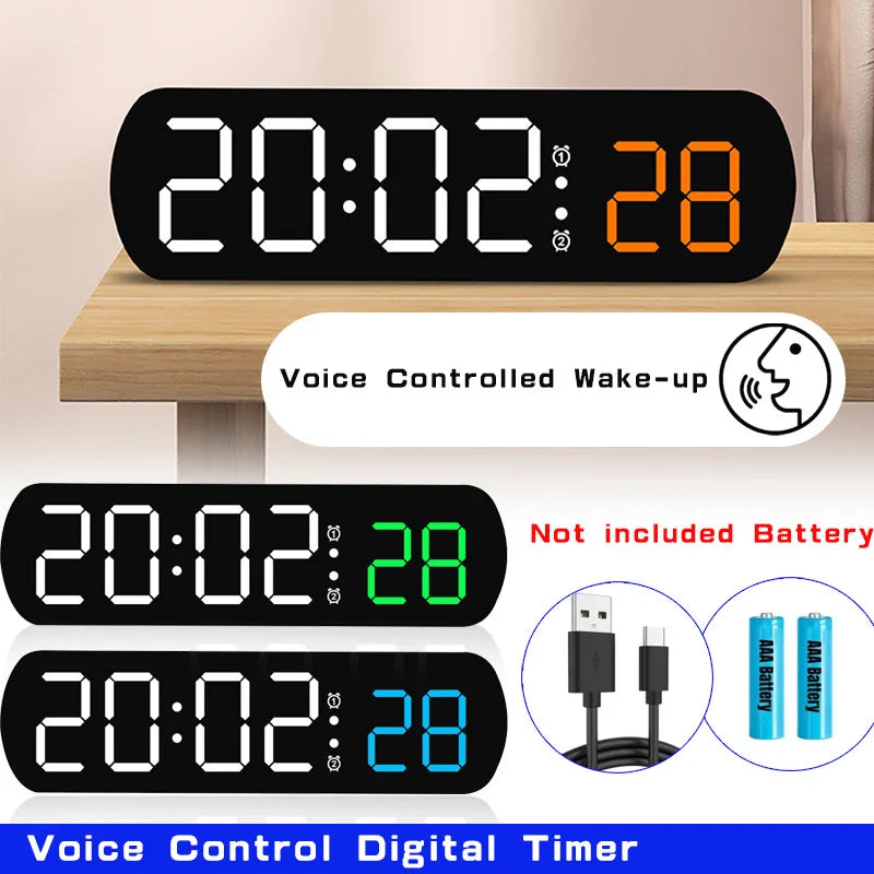 Voice Control Digital Alarm Timer Clock Temperature Dual Alarm Desktop Table Clock Night Mode 12/24H LED Clock Watch Desk Clock