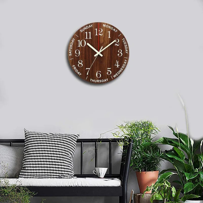 Luminous Wall Clock 12 Inch Wooden Silent Non-Ticking Kitchen Wall Clocks with Night Lights for Indoor/Outdoor Living Room