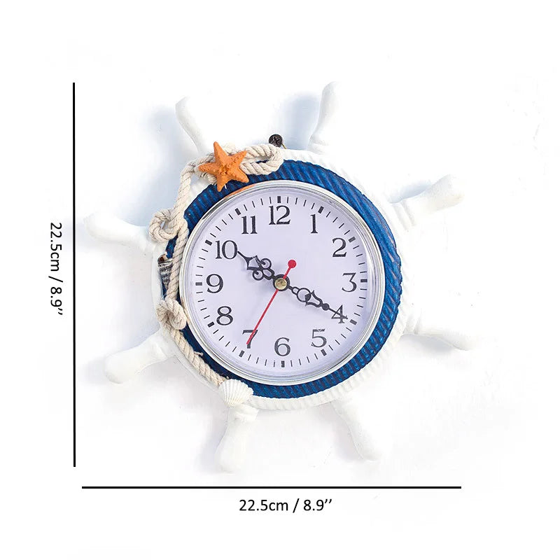 Mediterranean Wall Clock Wooden Silent Nautical Decor Anchor Ship Steering Wheel Fishing Net Clock Bar Farm Home Wall Decoration