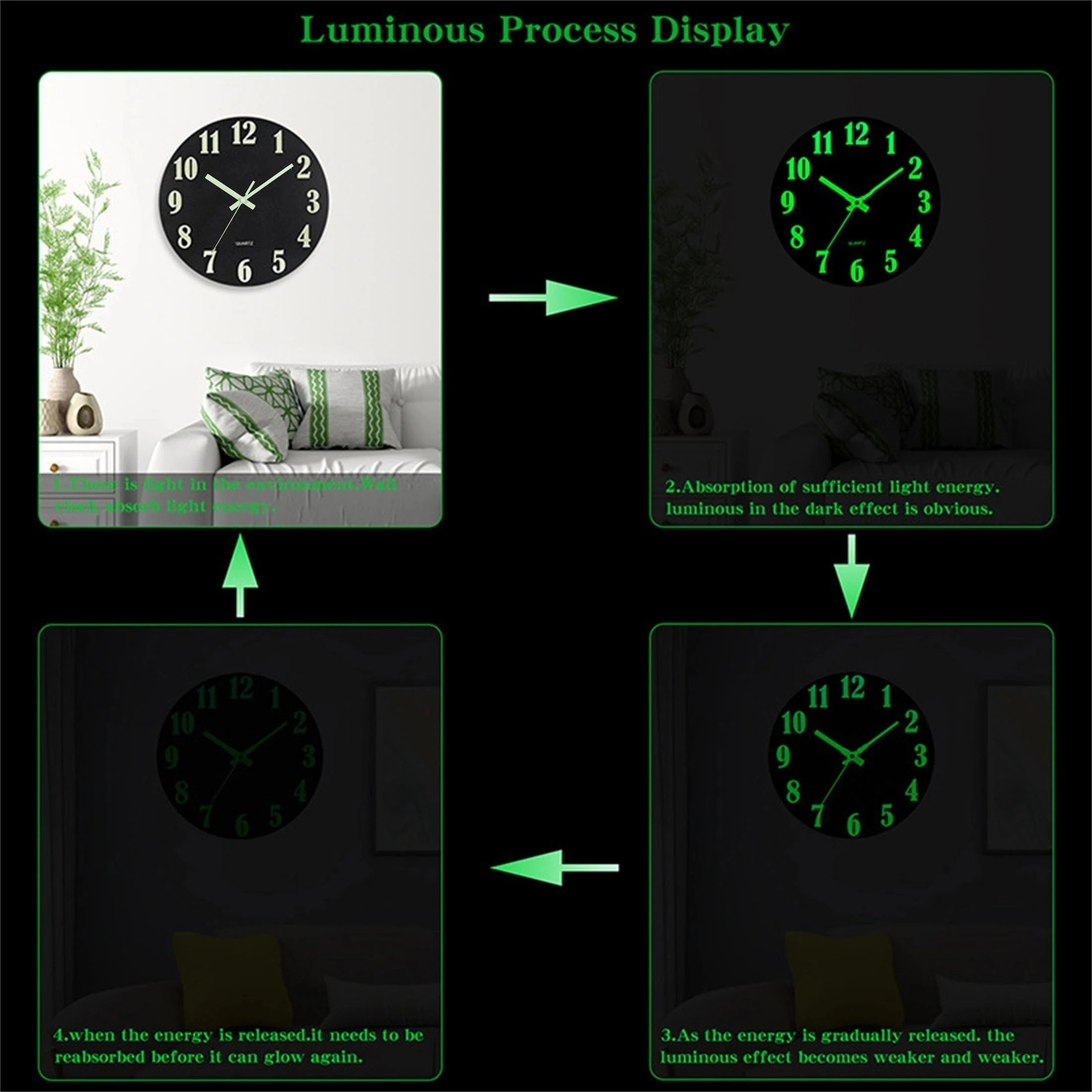 12 Inch Luminous Wall Clock Wood Silent Light in Dark Night Large Number Fashion Wall Clock Non Ticking Clock With Night Light