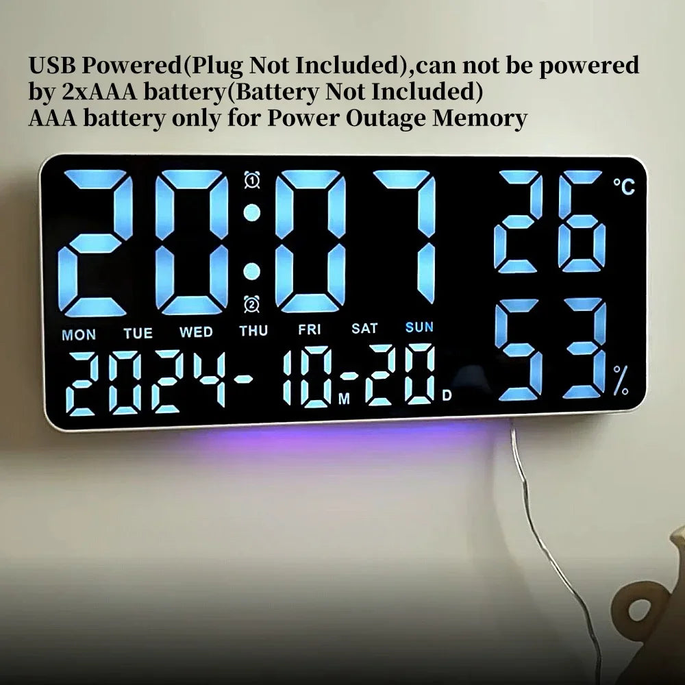 Large Digital Wall Clock with 7Colors Mood Light 2 Alarm TEMP Humidity Date Table Clock 12/24H Timing Countdown LED Alarm Clock