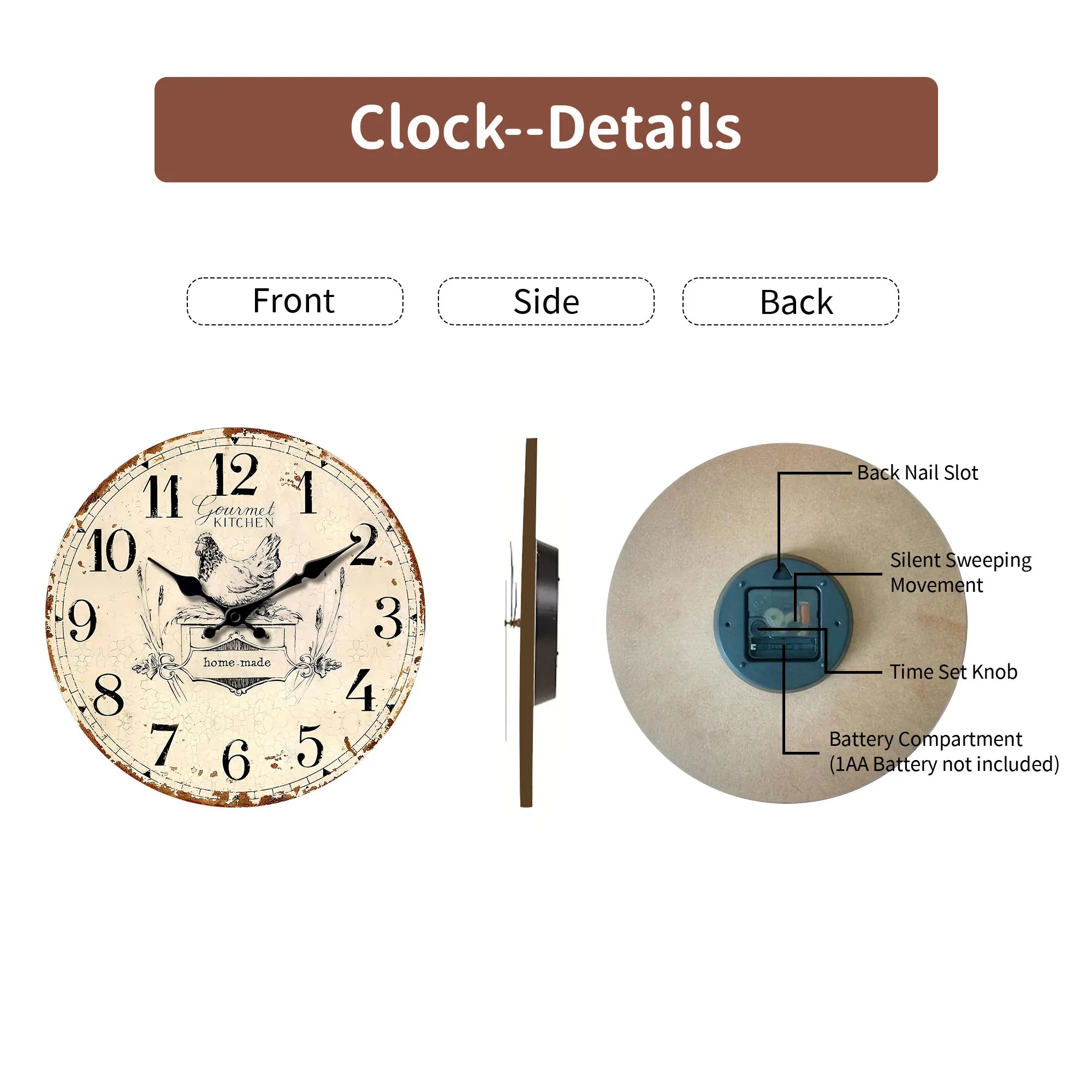 1pc round wooden wall clock, a vintage old hen design wall clock, home mute clock, for living room bedroom, room decoration, cla