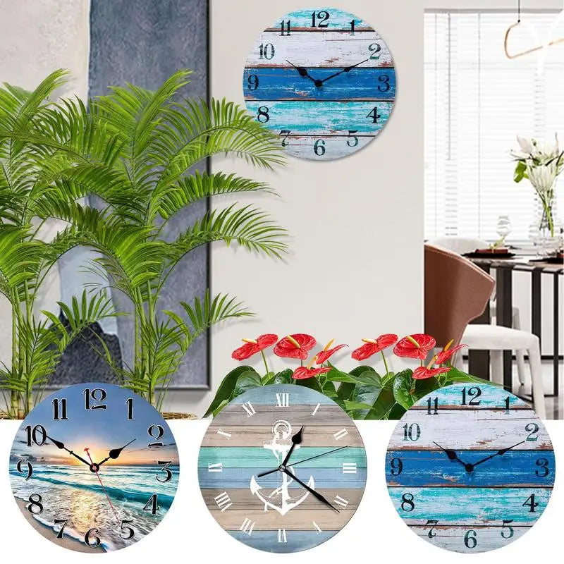 Stylish Wall Clock Easy to Read Non Ticking Vintage Rustic Coastal Clock Beach Themed Blue Wall Clocks for Home Decor accessory