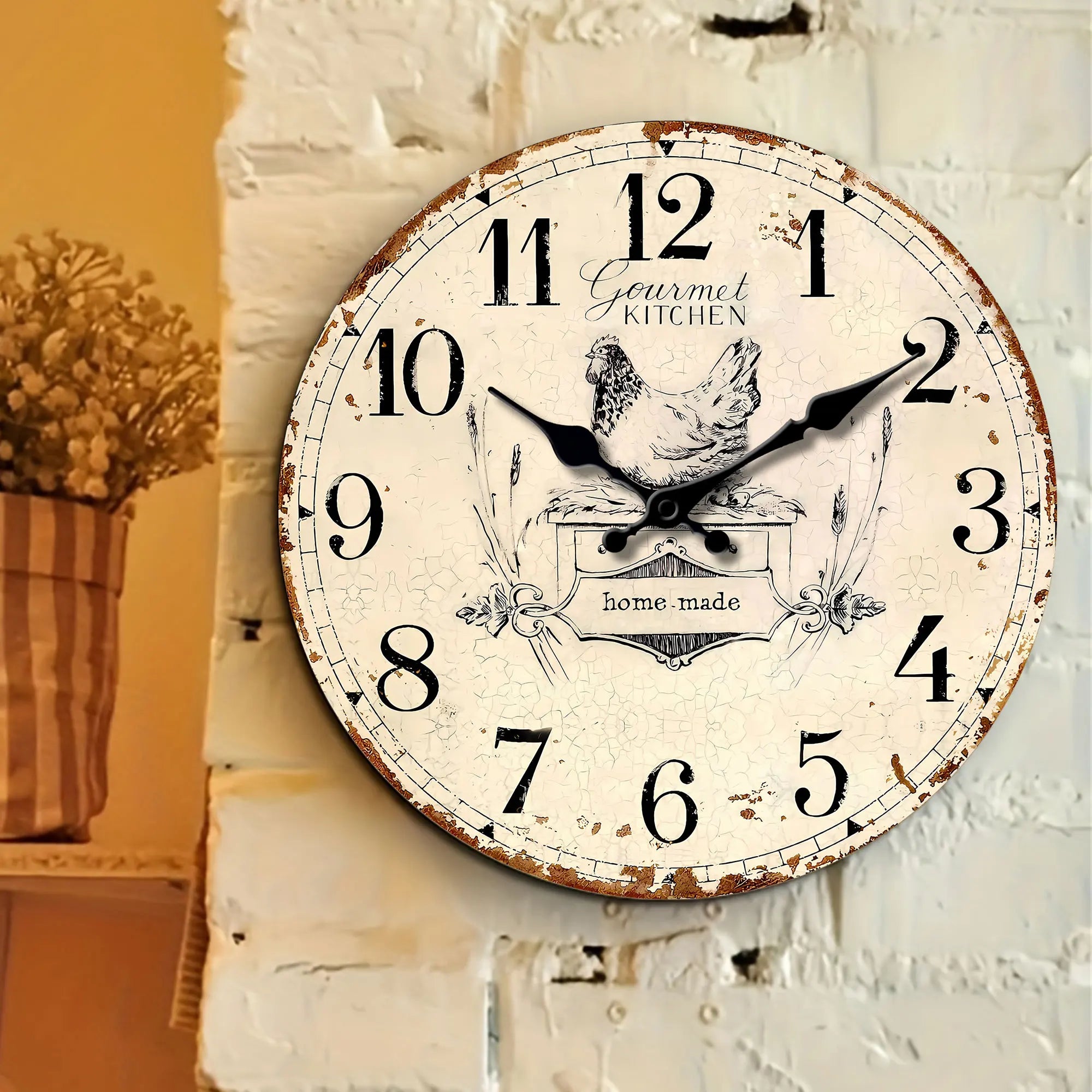 1pc round wooden wall clock, a vintage old hen design wall clock, home mute clock, for living room bedroom, room decoration, cla